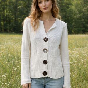Pure Handknit Chunky Cardigan Sweater Women XS White Cotton Cottagecore Boho